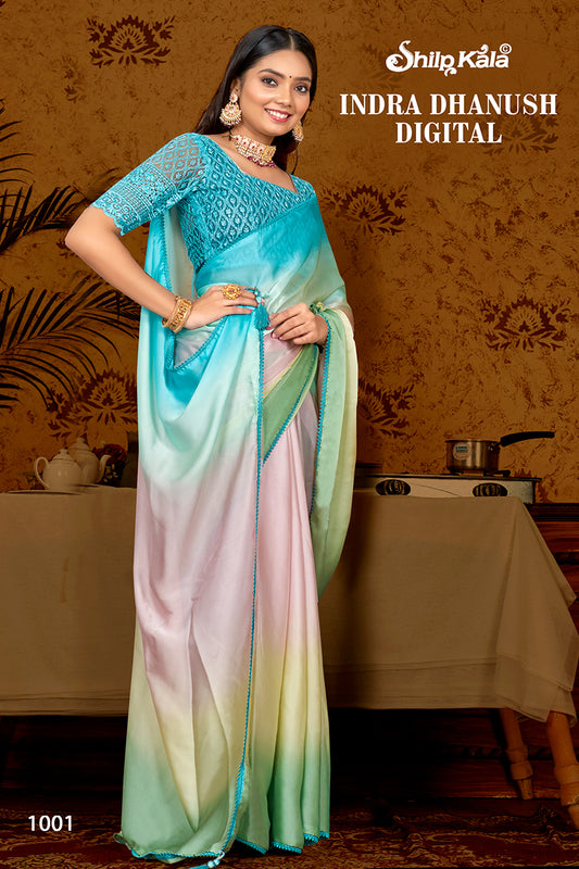 Indra Dhanush Multicolor Satin Georgette Saree with Fancy Lace