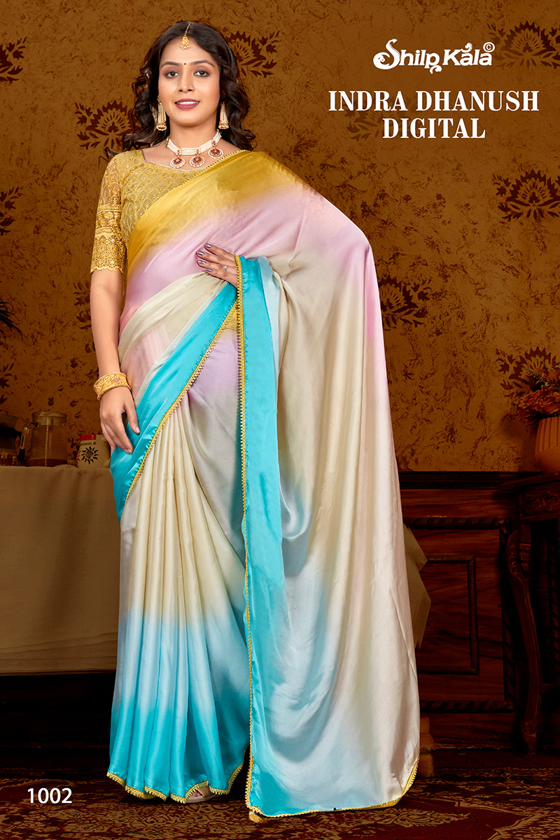 Indra Dhanush Multicolor Satin Georgette Saree with Fancy Lace