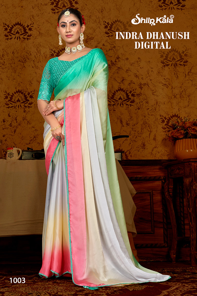 Indra Dhanush Multicolor Satin Georgette Saree with Fancy Lace