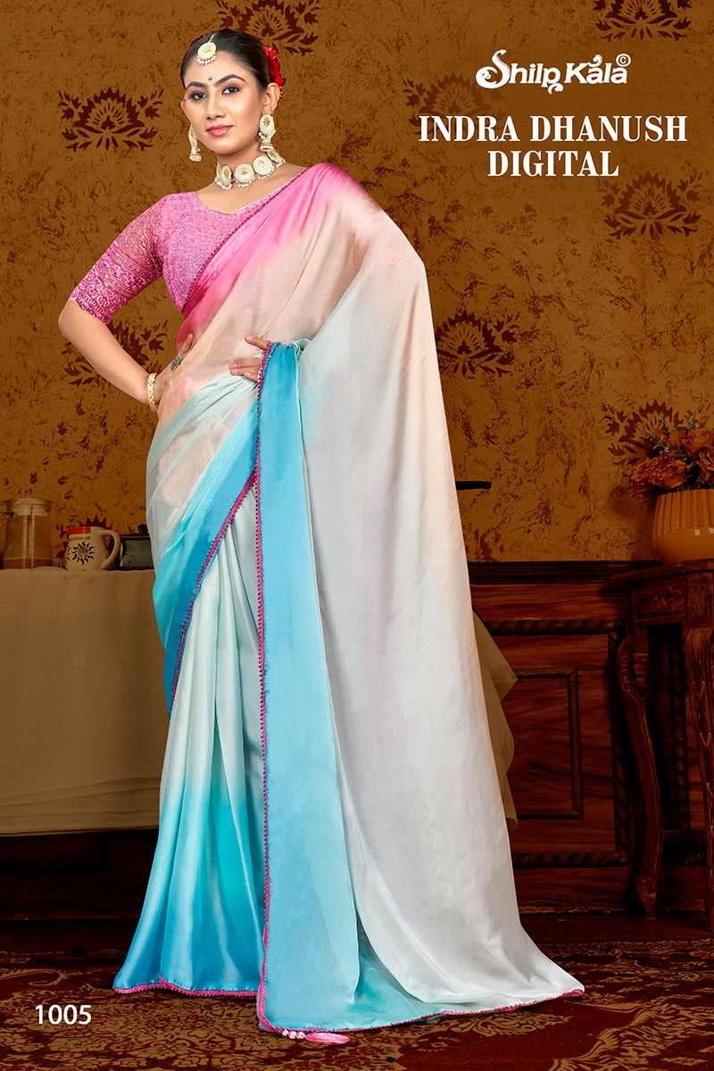 Indra Dhanush Multicolor Satin Georgette Saree with Fancy Lace