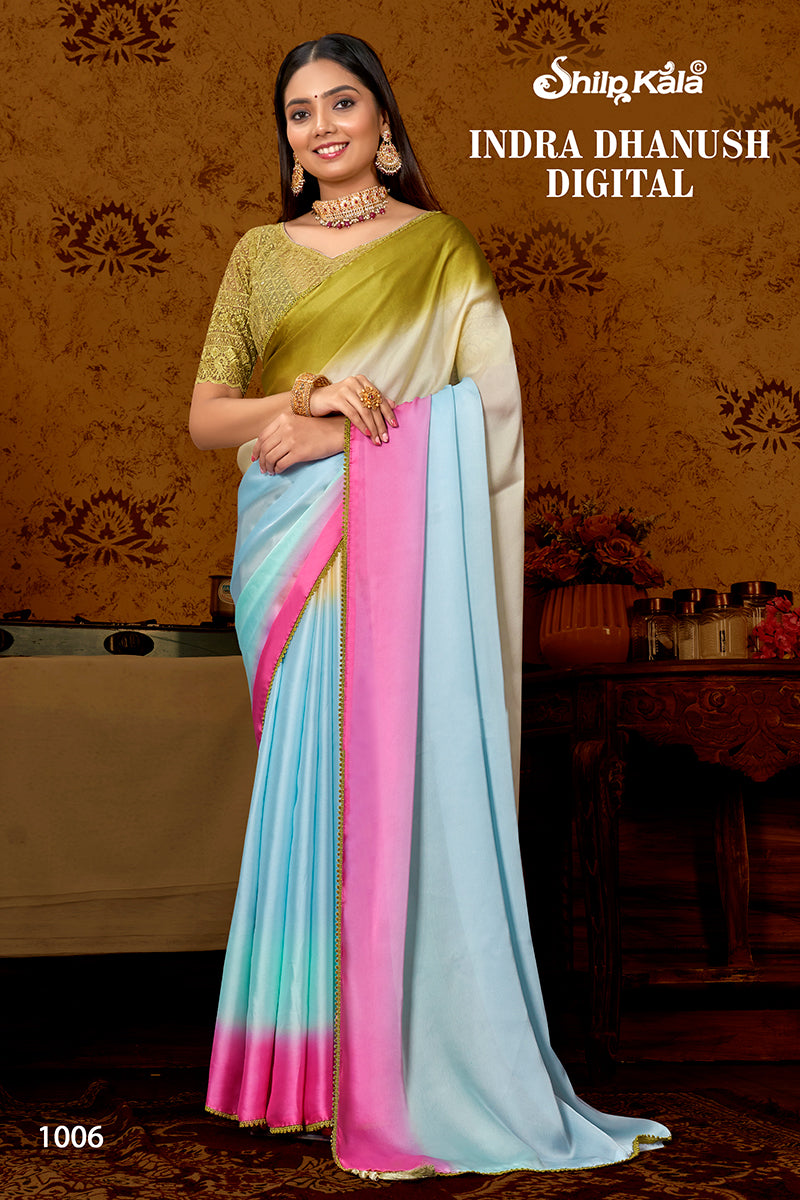 Indra Dhanush Multicolor Satin Georgette Saree with Fancy Lace