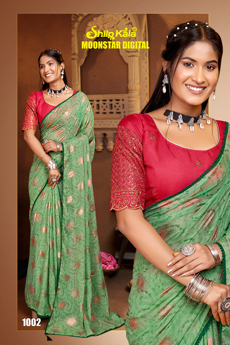 Moonstar Multicolor Chiffon Saree with Fancy Lace and Jari Work Blouse