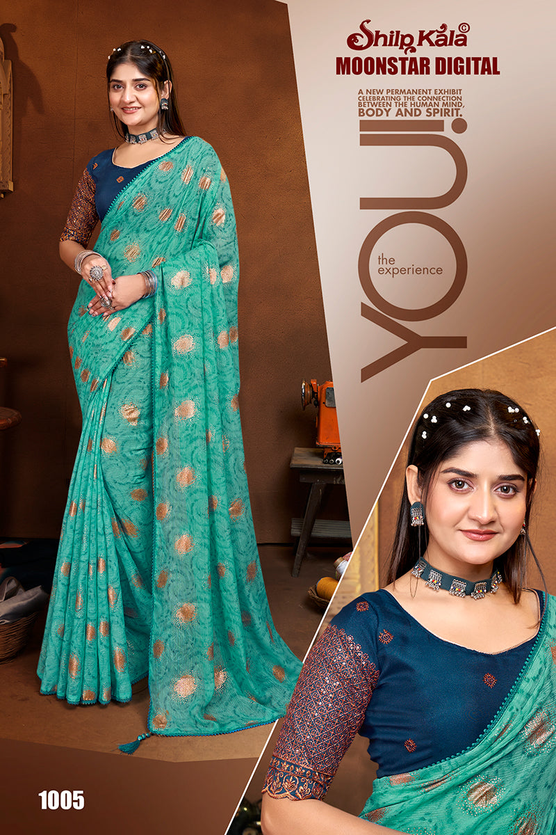 Moonstar Multicolor Chiffon Saree with Fancy Lace and Jari Work Blouse