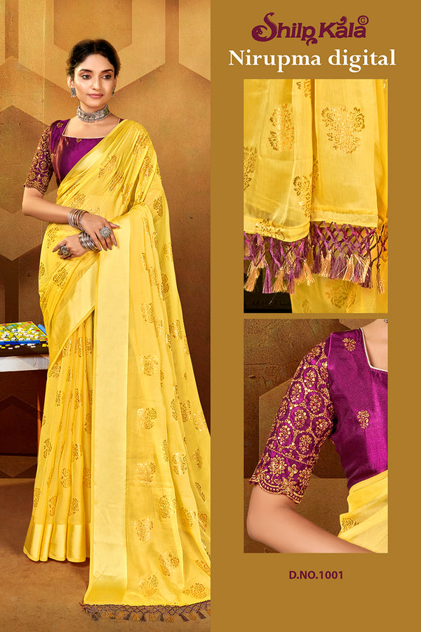 Nirupama Multicolor Satin Chiffon Saree with Jari Work Blouse (8 Colours Available).