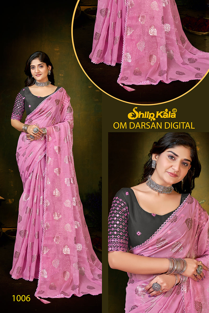 Om Darshan Multicolor Chiffon Saree with Fancy Work Blouse