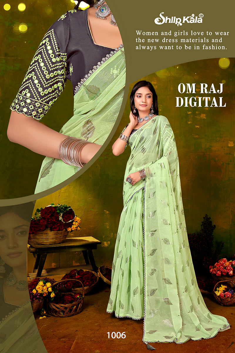 Om Raj Multicolor Chiffon Saree with Fancy Mirror Work Blouse