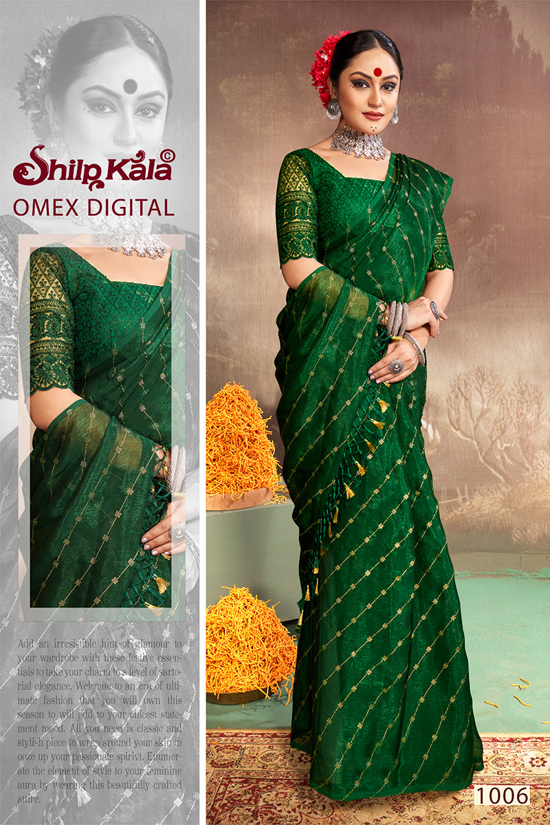 Omex Bottle Green Chiffon Saree with Tone to Tone Matching