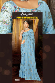 Panchmukhi Multicolour White Cat Saree with Digital Printed Blouse (8 Colours Available).