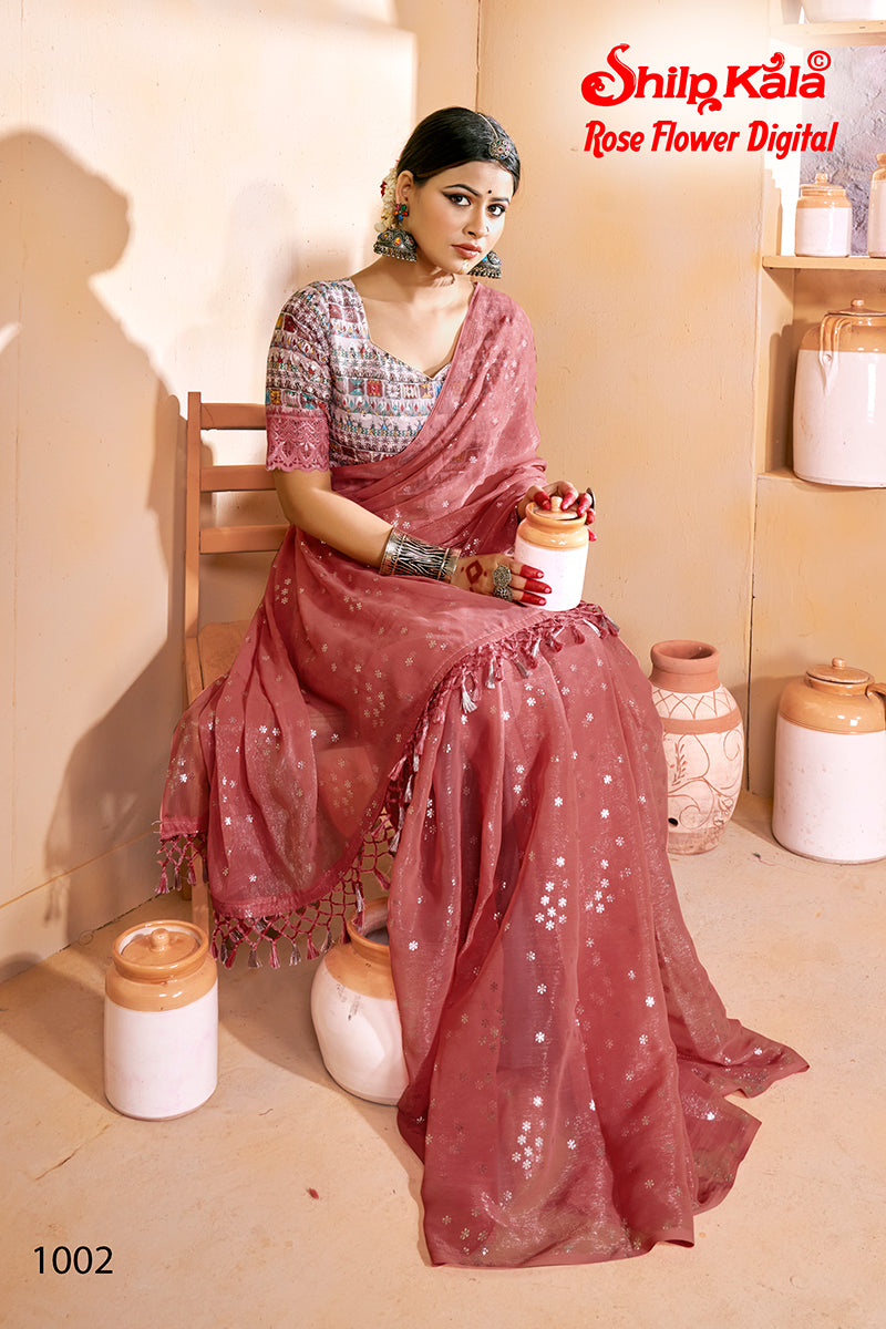 Rose Flower Multicolor Chiffon Saree with Digital Printed Blouse