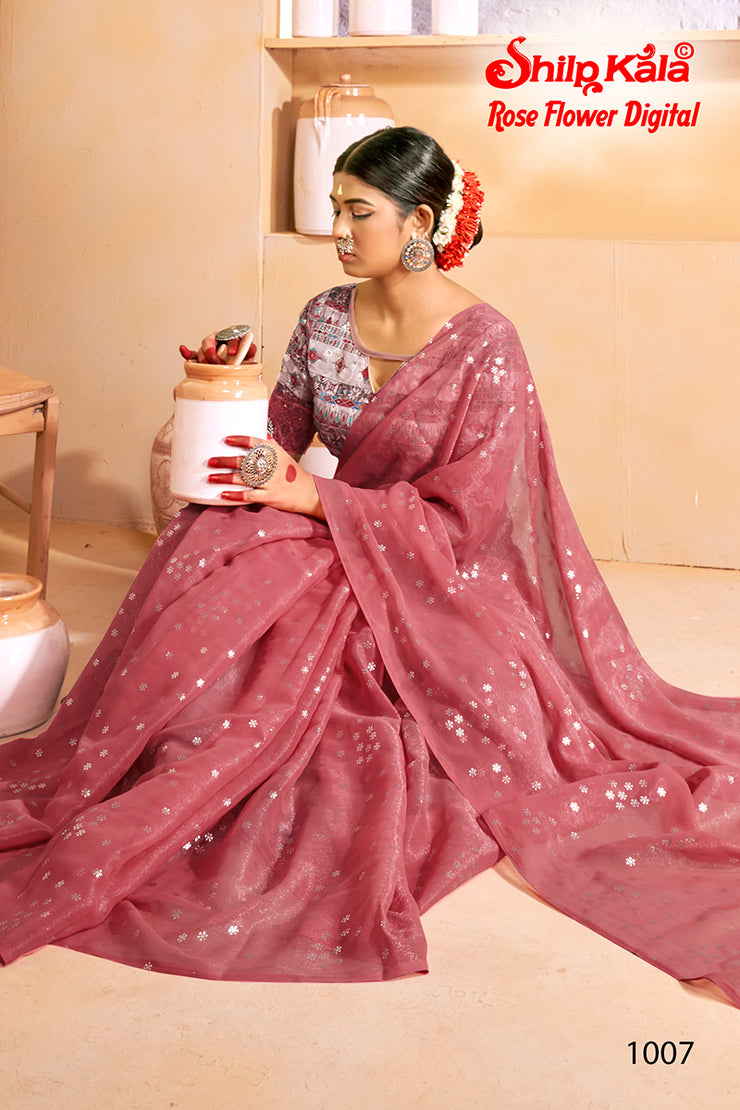 Rose Flower Multicolor Chiffon Saree with Digital Printed Blouse (8 Colours Available).