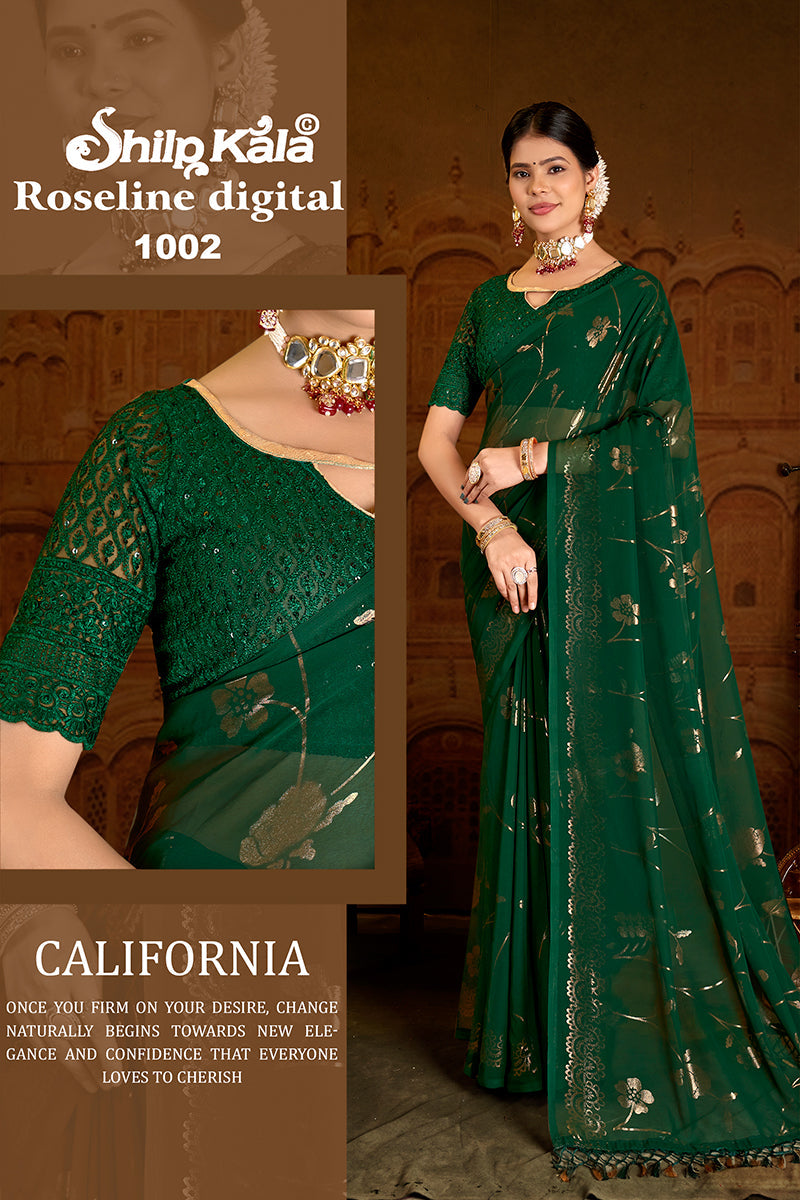 Roseline Bottle Green Chiffon Saree with Rose Flower Print