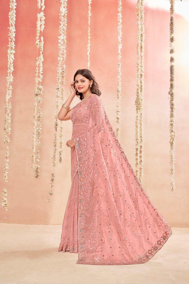 Trendy Pink Glass Tissue Saree With Jarkan Diamond And Unique Embroidery