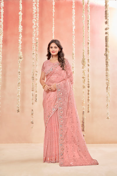 Trendy Pink Glass Tissue Saree With Jarkan Diamond And Unique Embroidery