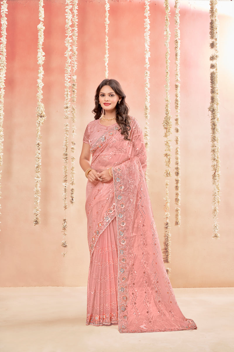 Trendy Pink Glass Tissue Saree With Jarkan Diamond And Unique Embroidery