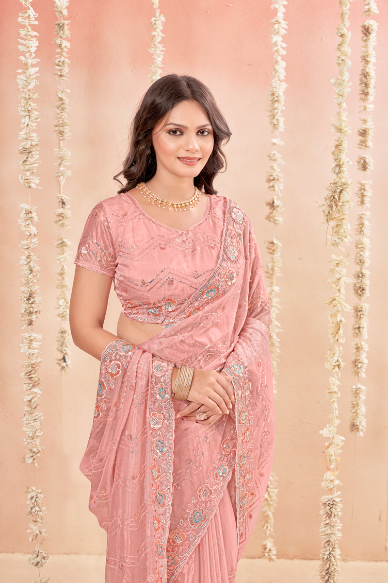 Trendy Pink Glass Tissue Saree With Jarkan Diamond And Unique Embroidery