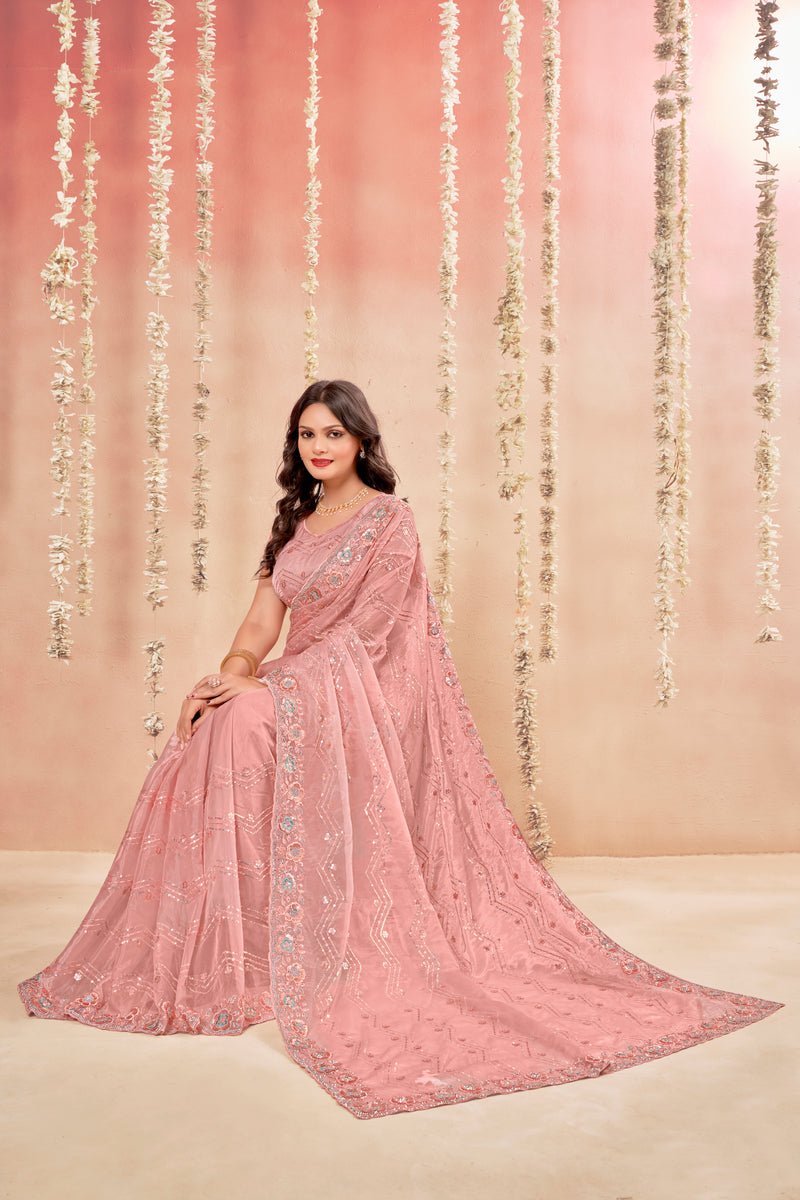 Trendy Pink Glass Tissue Saree With Jarkan Diamond And Unique Embroidery