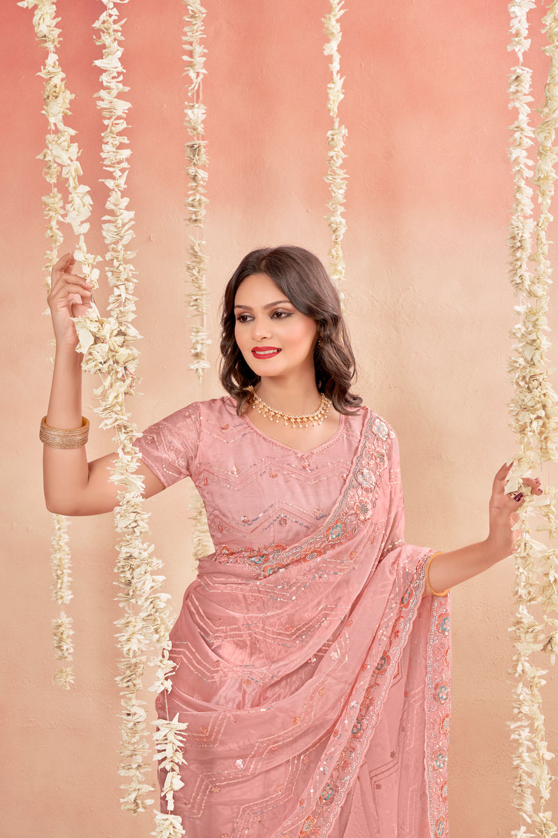 Trendy Pink Glass Tissue Saree With Jarkan Diamond And Unique Embroidery