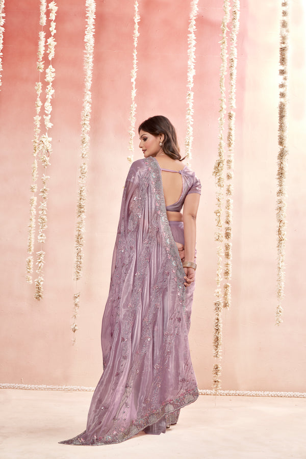 Highlights Purple Tissue Fancy Fabric Saree with stone work