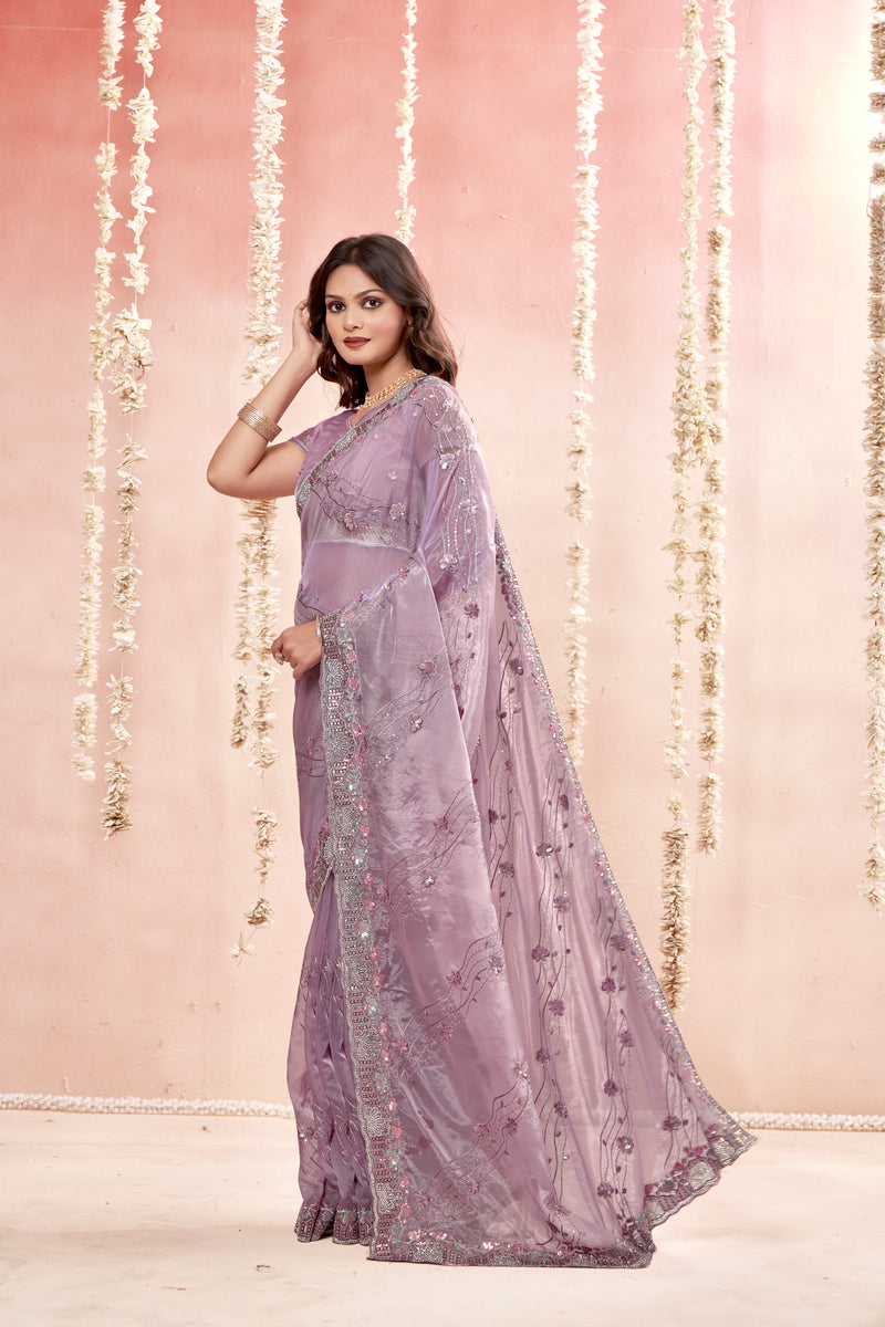 Highlights Purple Tissue Fancy Fabric Saree with stone work