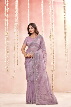 Highlights Purple Tissue Fancy Fabric Saree with stone work