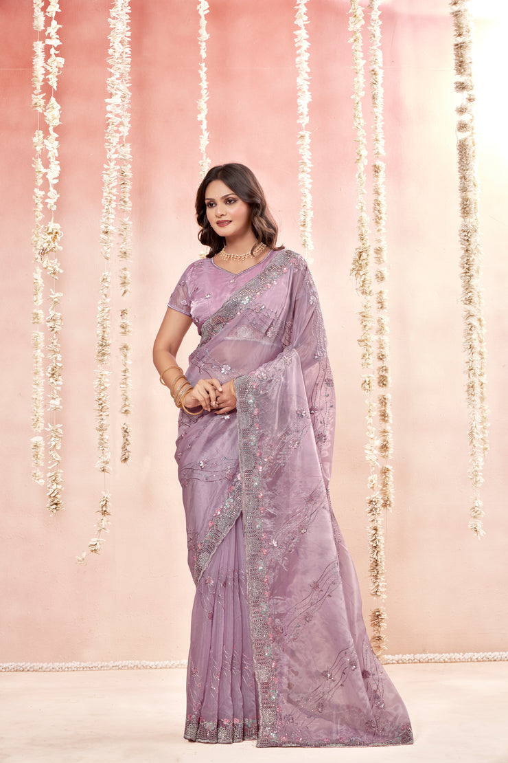 Highlights Purple Tissue Fancy Fabric Saree with stone work