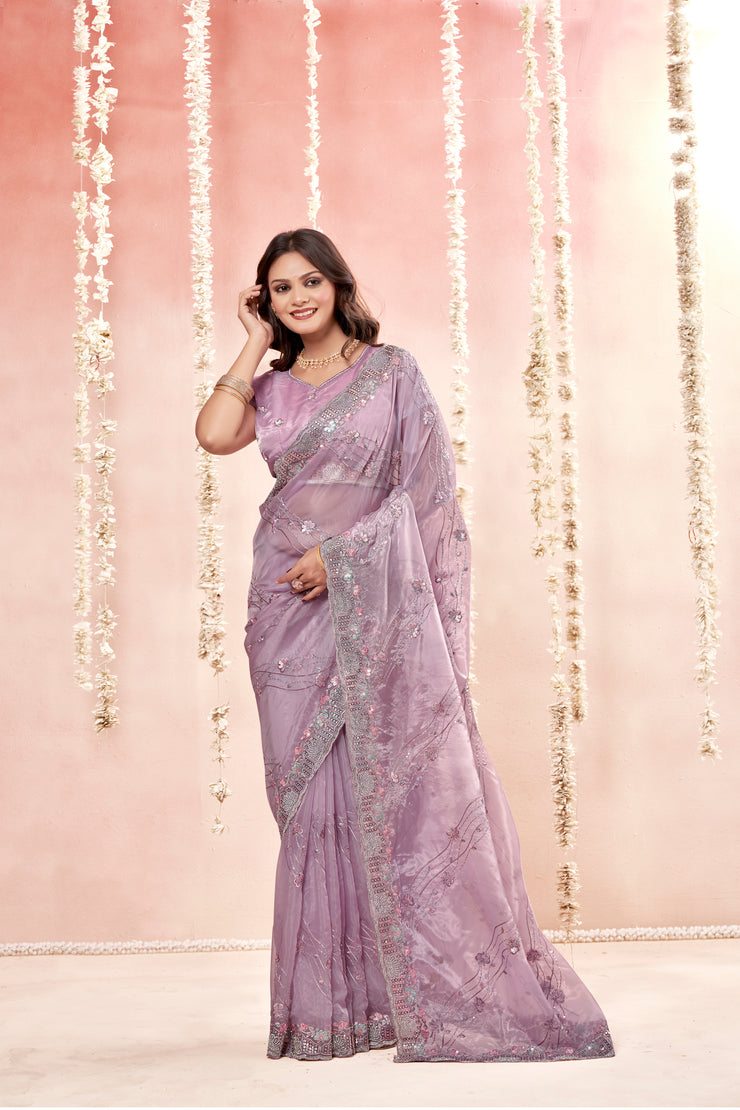 Highlights Purple Tissue Fancy Fabric Saree with stone work