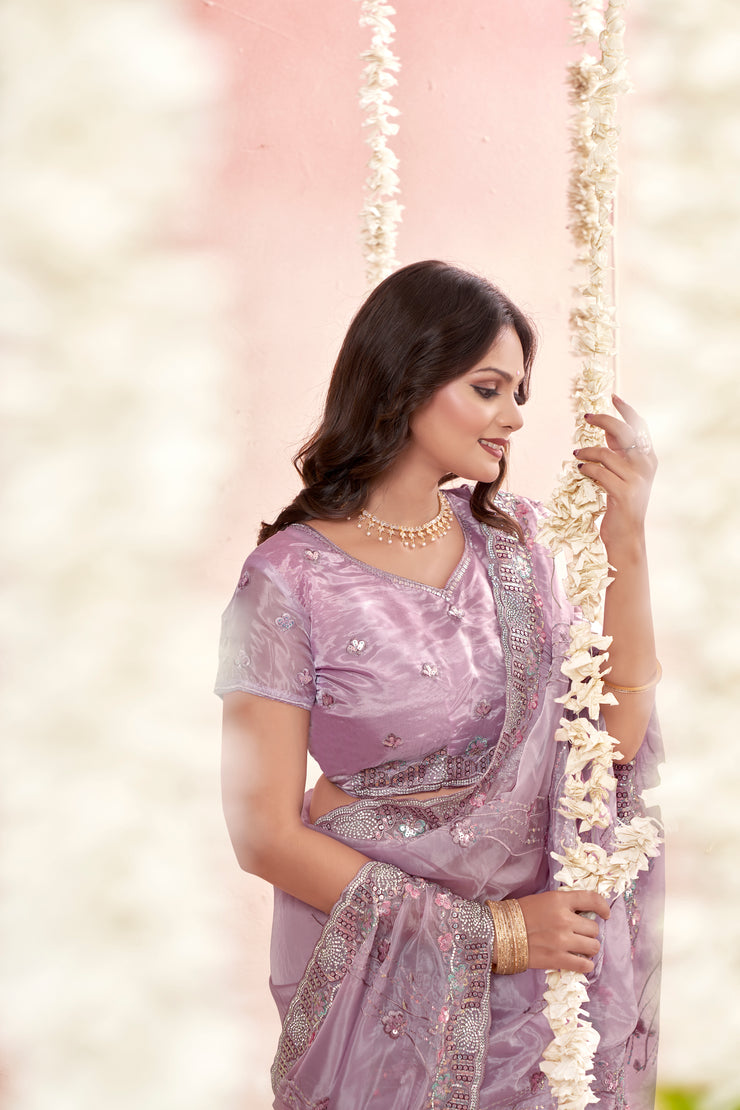 Highlights Purple Tissue Fancy Fabric Saree with stone work