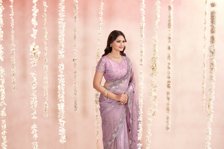 Highlights Purple Tissue Fancy Fabric Saree with stone work