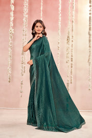 Rose Silk Dark Green Glass Tissue Organza Saree With Tone To Tone Matching And Jarkan Stone Work Concept