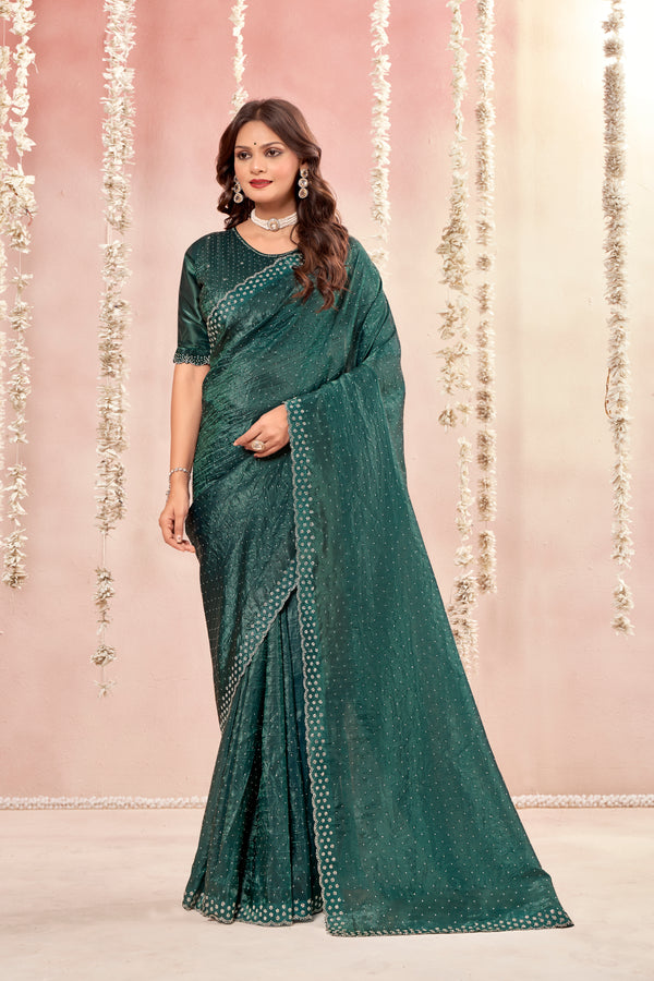 Rose Silk Dark Green Glass Tissue Organza Saree With Tone To Tone Matching And Jarkan Stone Work Concept