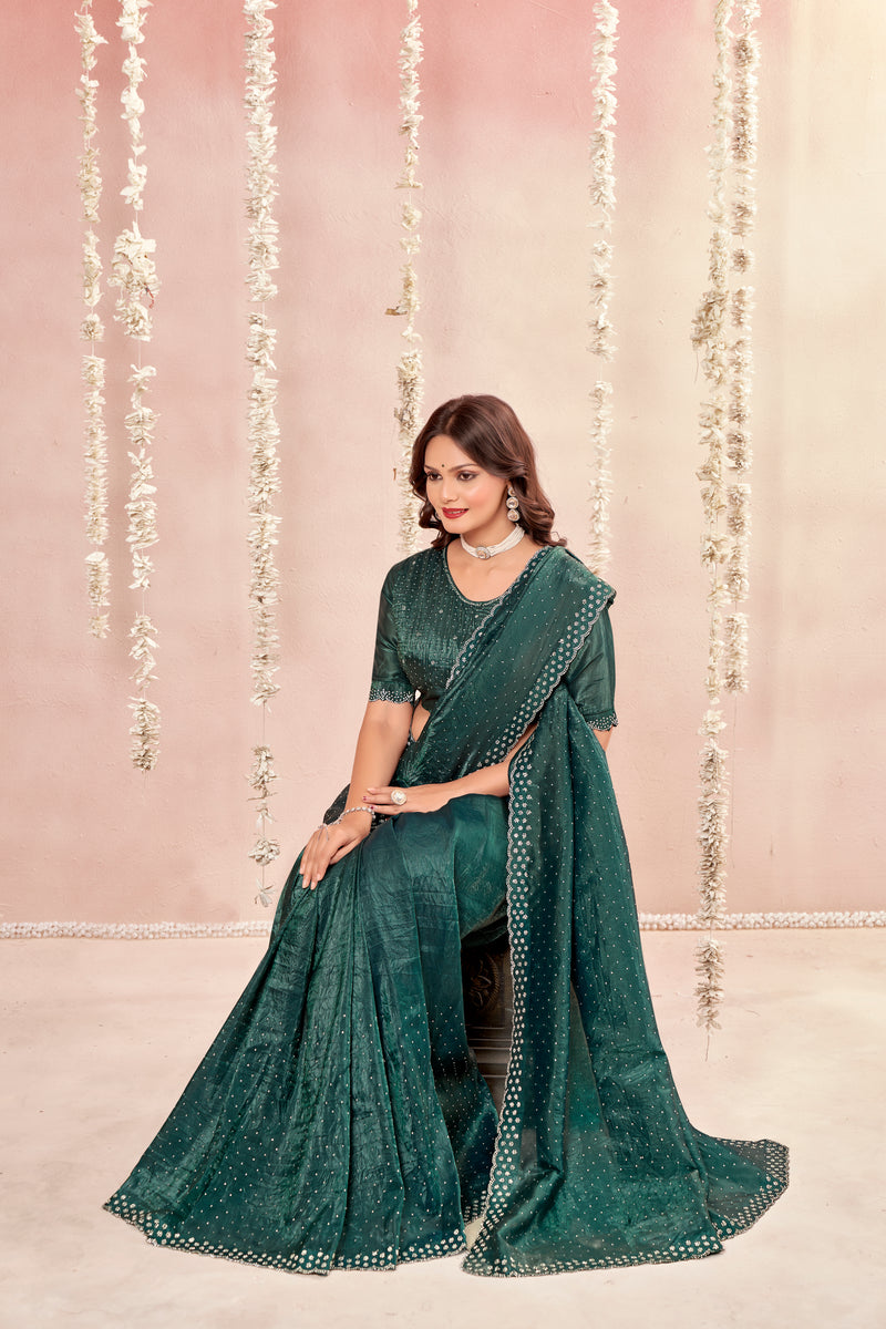 Rose Silk Dark Green Glass Tissue Organza Saree With Tone To Tone Matching And Jarkan Stone Work Concept