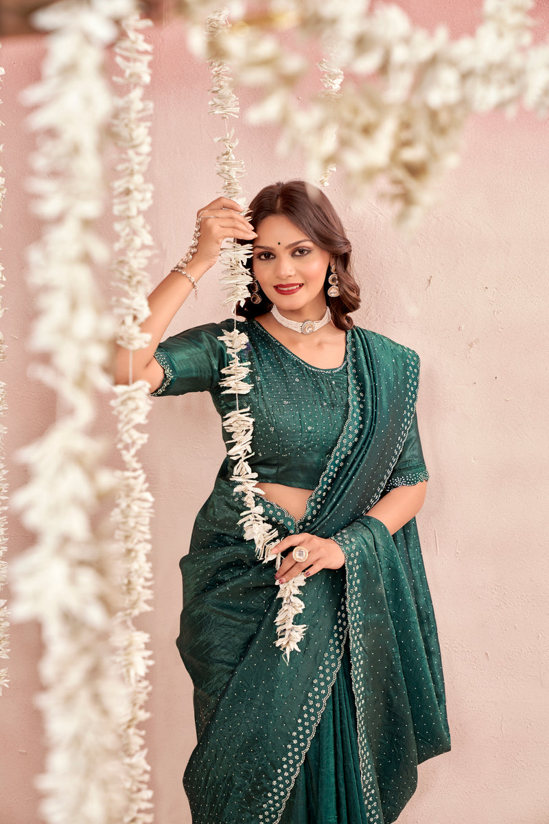 Rose Silk Dark Green Glass Tissue Organza Saree With Tone To Tone Matching And Jarkan Stone Work Concept