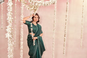 Rose Silk Dark Green Glass Tissue Organza Saree With Tone To Tone Matching And Jarkan Stone Work Concept