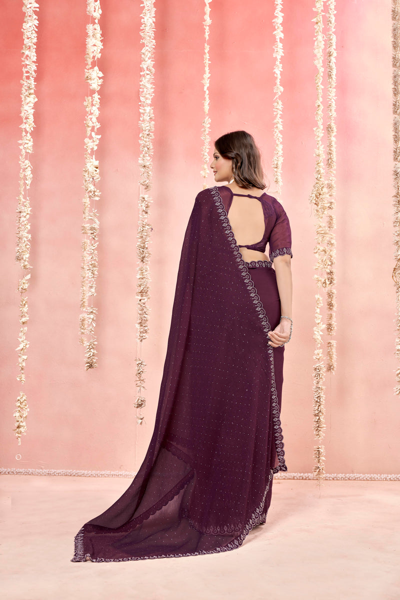 Riaz Magenta Organza Febric saree with Jarkan Stone Work.