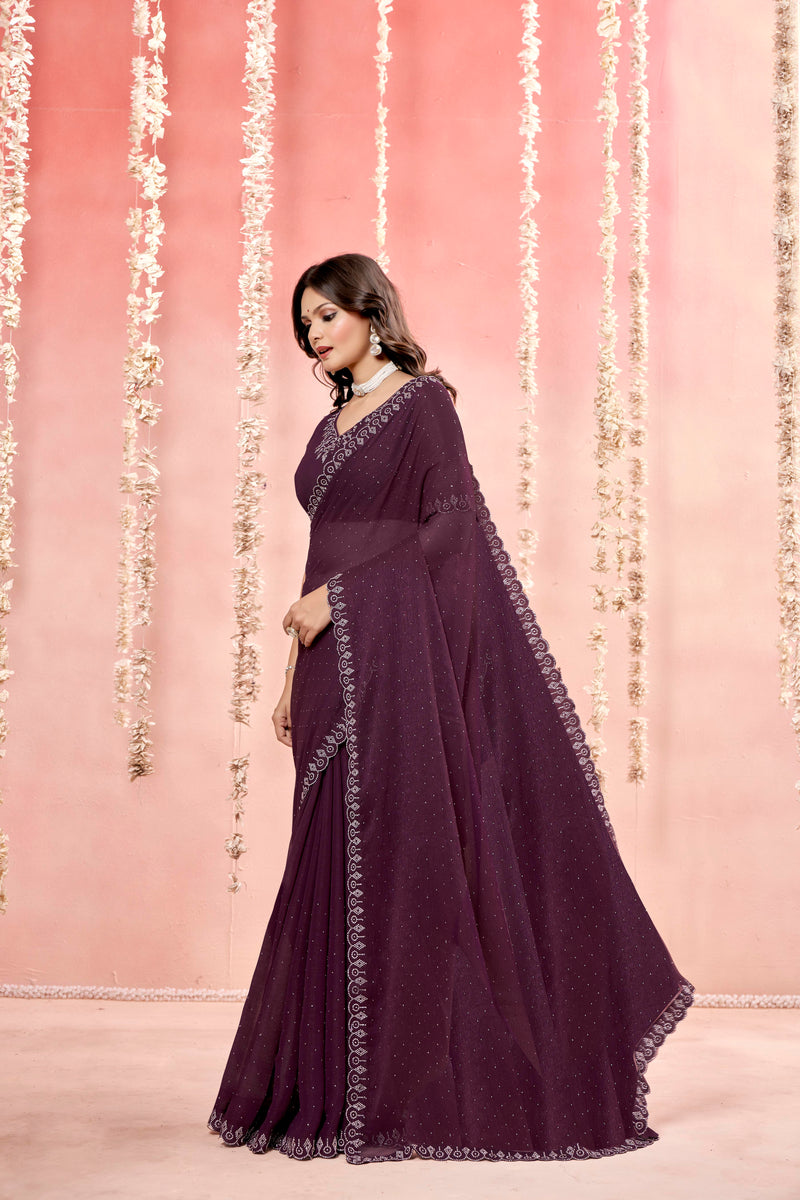 Riaz Magenta Organza Febric saree with Jarkan Stone Work.