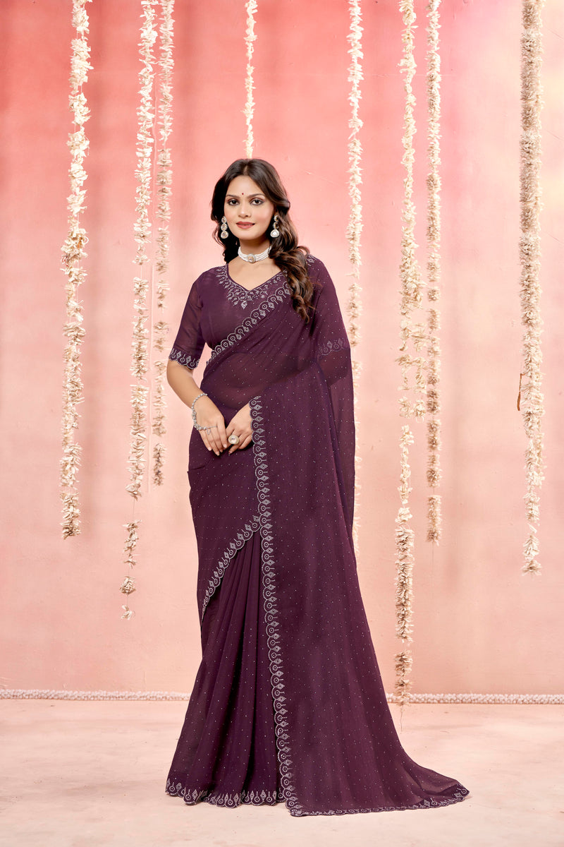 Riaz Magenta Organza Febric saree with Jarkan Stone Work.