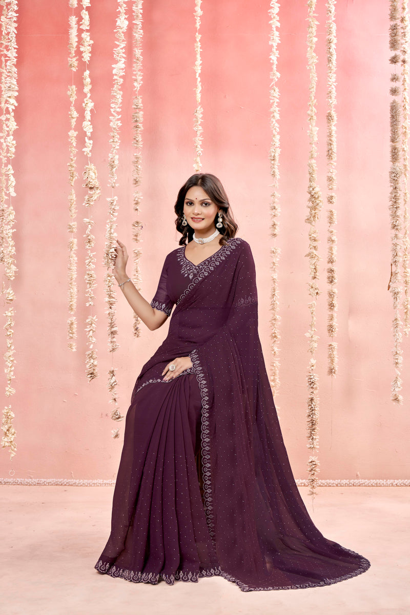 Riaz Magenta Organza Febric saree with Jarkan Stone Work.