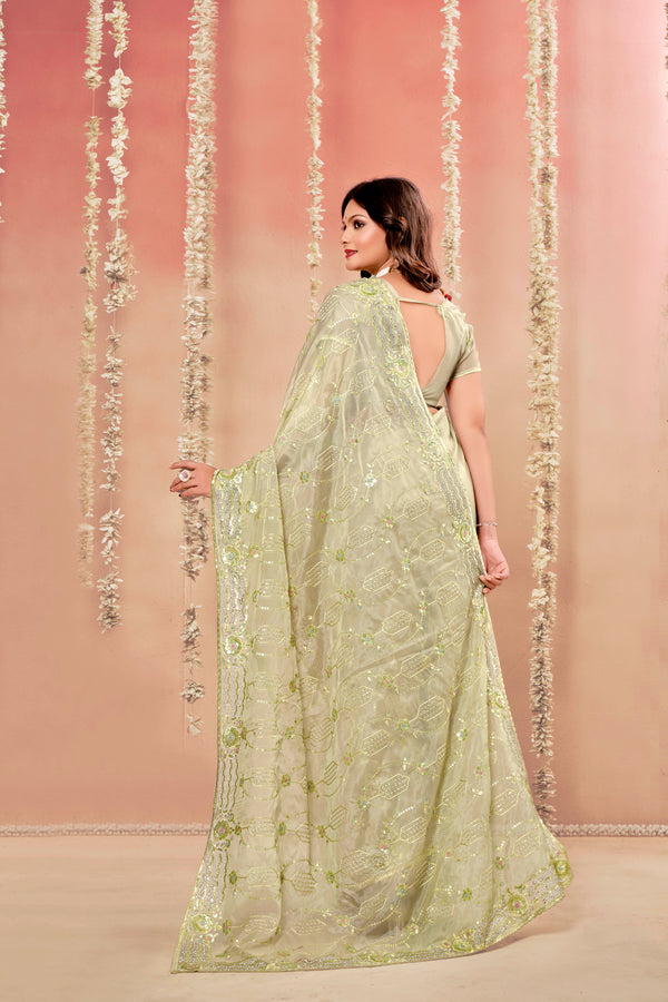 Classic Green Tissue Fancy Fabric saree with Tone To Tone Matching