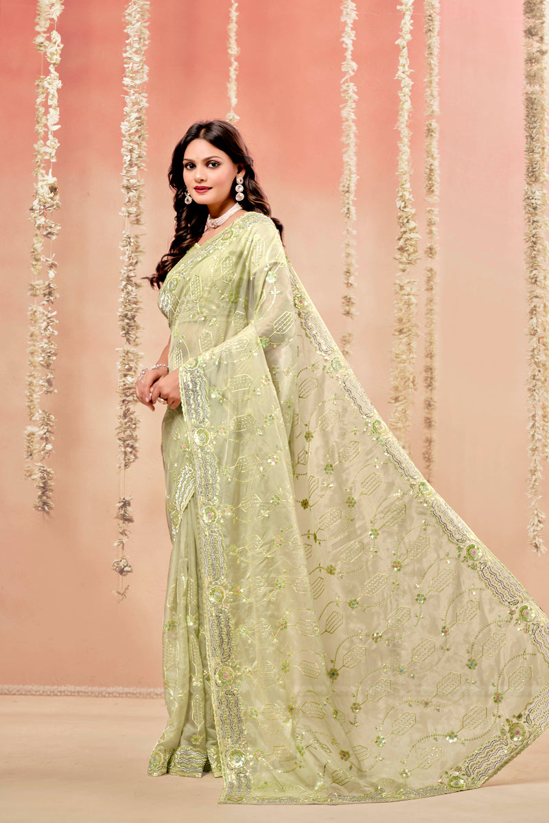 Classic Green Tissue Fancy Fabric saree with Tone To Tone Matching