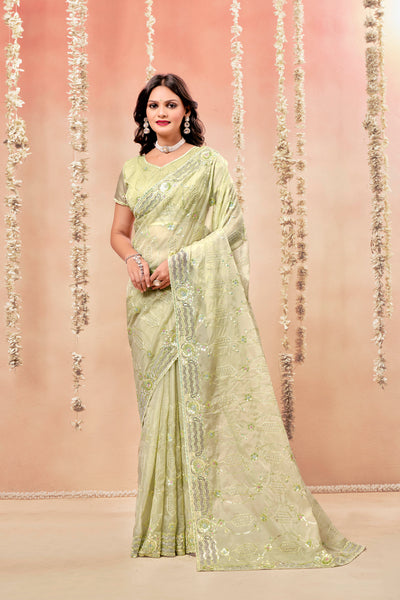 Classic Green Tissue Fancy Fabric saree with Tone To Tone Matching