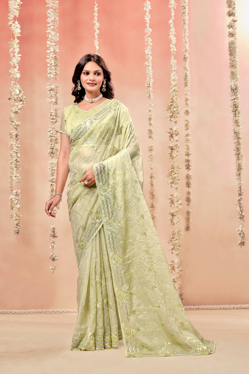 Classic Green Tissue Fancy Fabric saree with Tone To Tone Matching