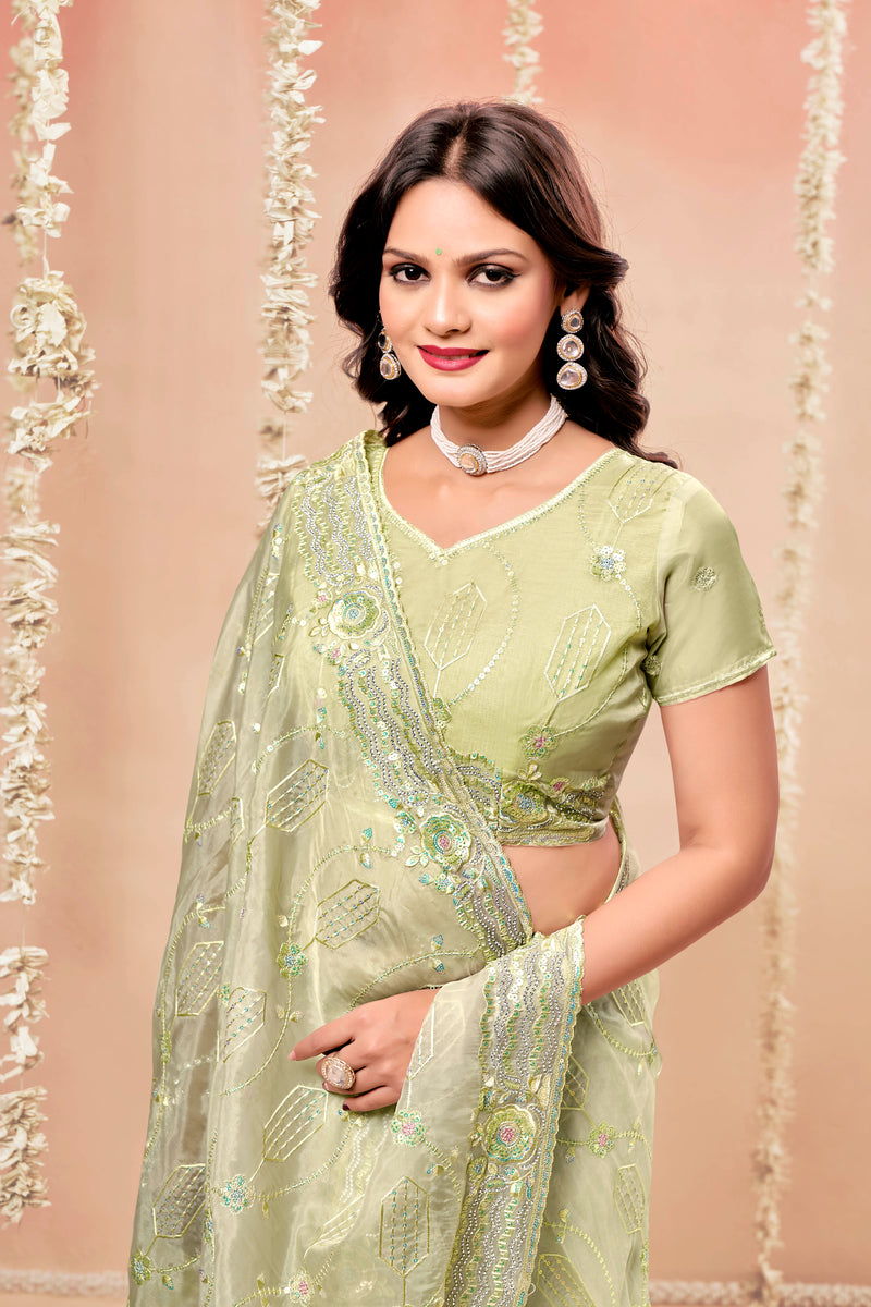 Classic Green Tissue Fancy Fabric saree with Tone To Tone Matching