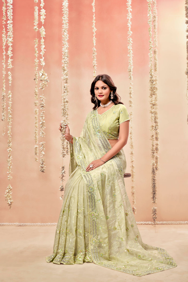 Classic Green Tissue Fancy Fabric saree with Tone To Tone Matching