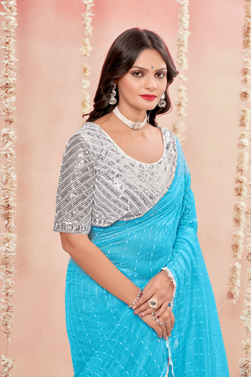 Prince Sky Blue Shilpkala Fashions Fancy blouse And Plain Saree with Lace work.