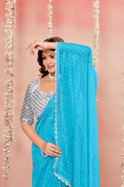 Prince Sky Blue Shilpkala Fashions Fancy blouse And Plain Saree with Lace work.