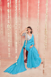 Prince Sky Blue Shilpkala Fashions Fancy blouse And Plain Saree with Lace work.