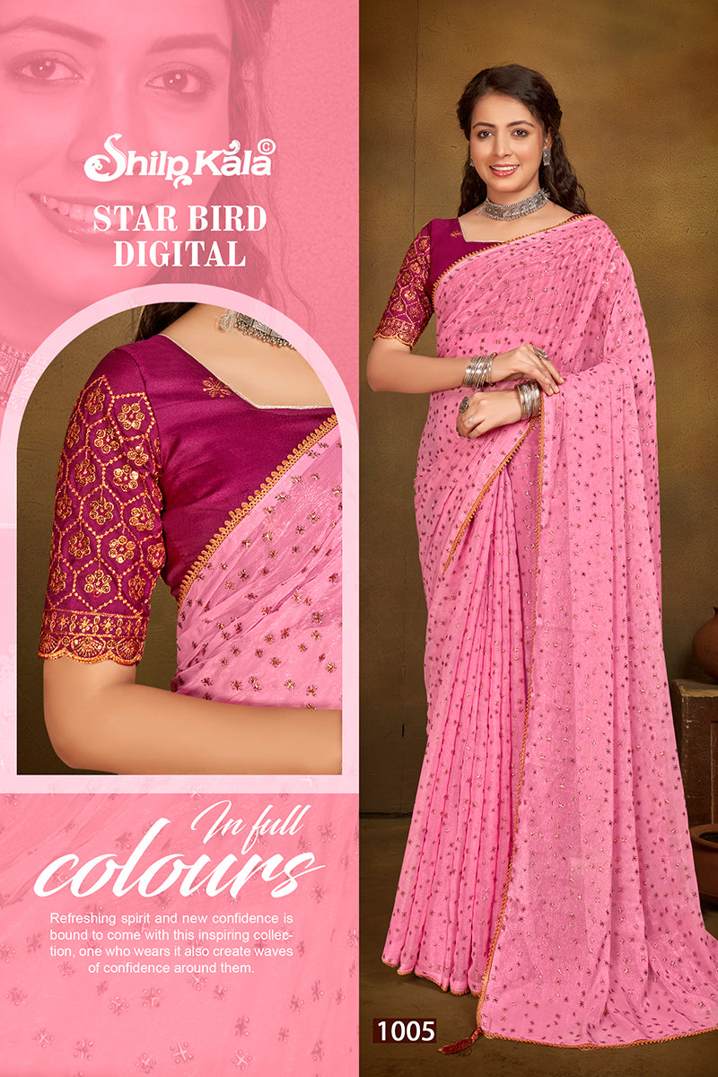 Starbird Multicolor Chiffon Saree with Fancy Lace