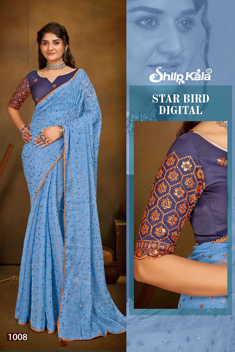 Starbird Multicolor Chiffon Saree with Fancy Lace