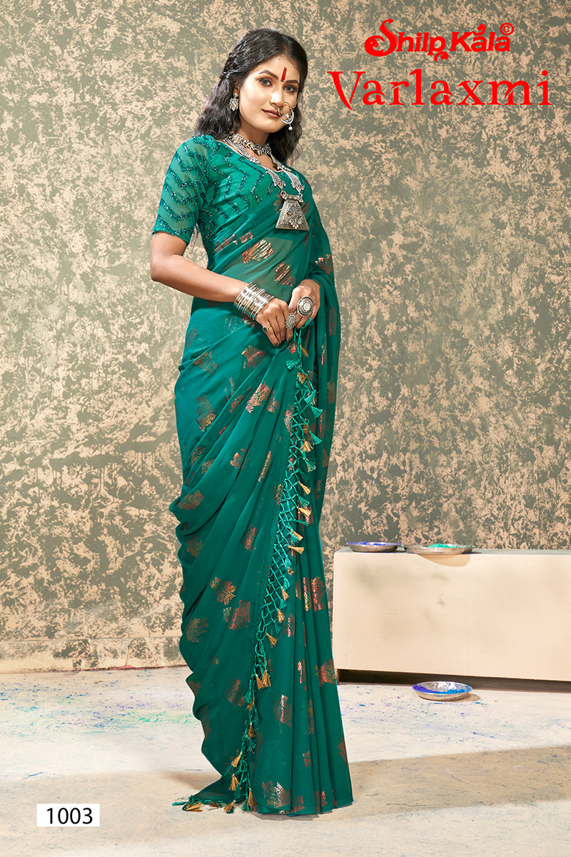 Varlaxmi Multicolor Chiffon Saree with Fancy Lace