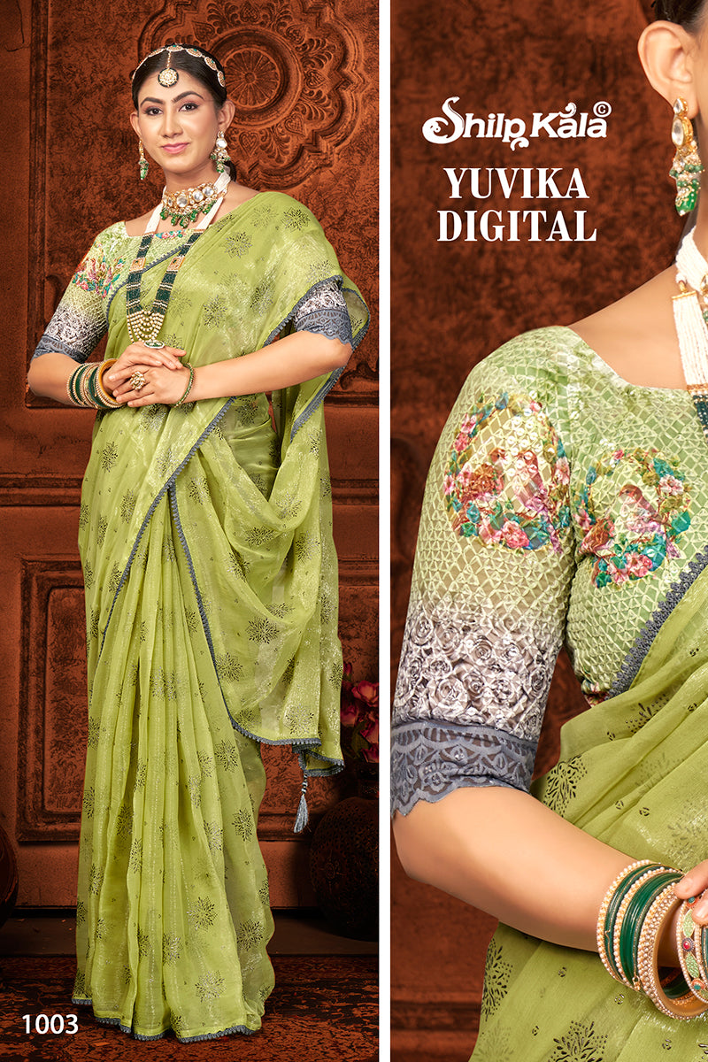 Yuvika Multicolor Chiffon Saree with Digital Printed Blouse